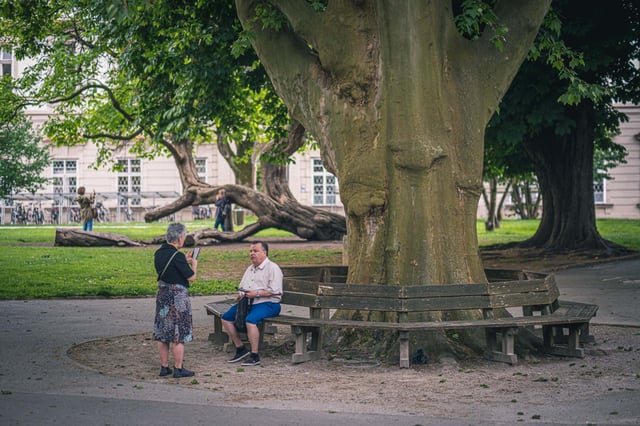 Visitors talking next to a chestnut tree with circular bench in the Kurgarten Salzburg