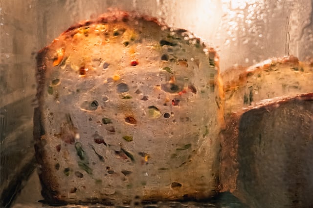 A cut Leberkaese loaf studded with olives and peppers glows behind the condensation-covered glass of a warming cabinet.