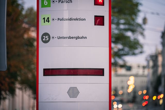 Mirabellplatz bus stop display showing lines 6 14 and 25 to Untersbergbahn in Salzburg