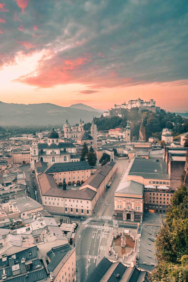 View of Hohensalzburg fortress and Altstadt from Monchsberg lookout terrace in Salzburg