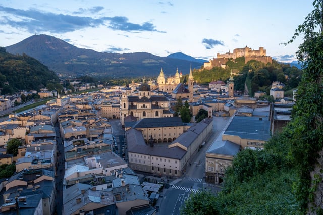 Panoramic view from a Moenchsberg summit area in Salzburg