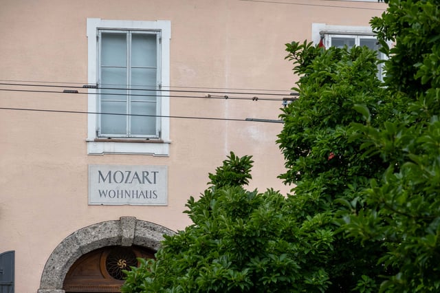 Painted Mozart Wohnhaus sign above the entry portal to Mozarts Residence in Salzburg.
