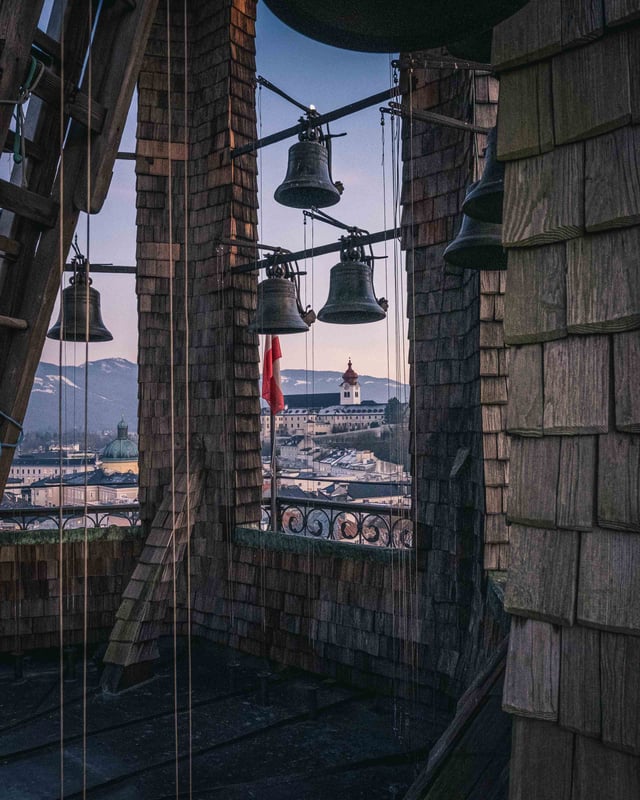 Interior view of Glockenspiel carillon bells inside the Neue Residenz tower in Salzburg