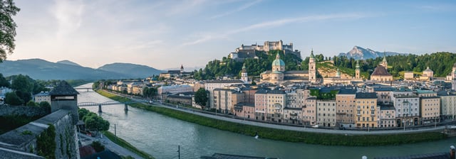 Panoramic view of Salzburg Altstadt with Hohensalzburg fortress above the Salzach river