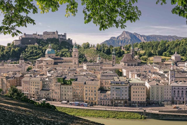 Altstadt skyline with Hohensalzburg fortress and cathedral domes seen from Monchsberg in Salzburg