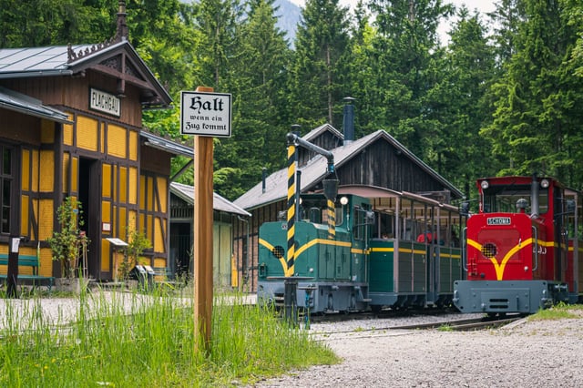 Narrow gauge museum train at Flachgau station inside Salzburger Freilichtmuseum in Grossgmain
