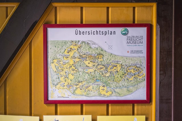 Overview site map Uebersichtsplan posted at Salzburger Freilichtmuseum in Grossgmain