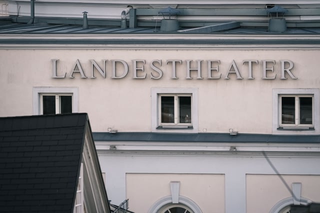 Landestheater lettering on the facade of the Salzburger Landestheater building in Salzburg