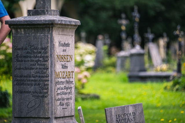 Grave monument of Constanze von Nissen born Weber sits in Sebastiansfriedhof cemetery in Salzburg.