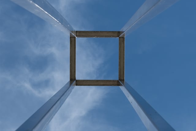 Looking straight up through the steel frame of the Spirit of Mozart installation in Salzburg