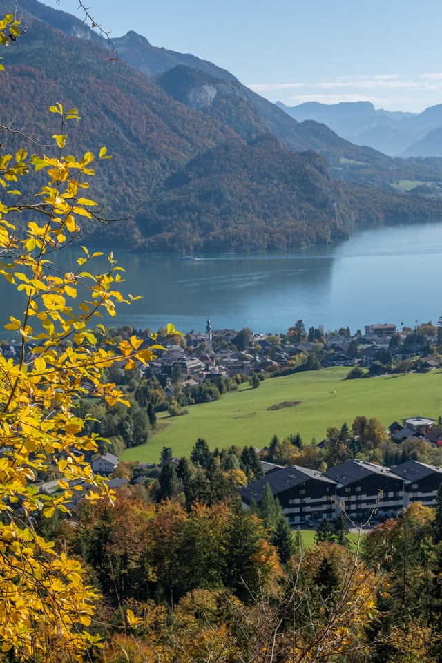 St. Gilgen and its church tower sit at the western end of the Wolfgangsee, seen from the slopes above through a screen of yellow autumn beech leaves, with a passenger boat drawing a wake across the lake.