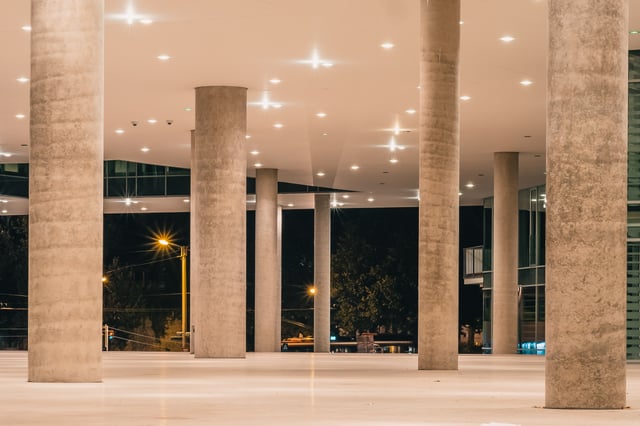 Unipark Nonntal University of Salzburg modern entrance at night