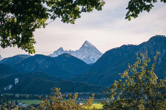 Watzmann twin peak rising across the valley seen from Hellbrunn hill in Salzburg