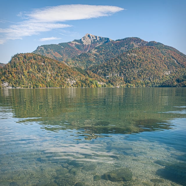 Clear shallow water over pale pebbles fills the foreground of the Wolfgangsee, with the wooded far shore and the bare summit of the Schafberg beyond.